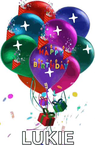 a bunch of birthday balloons with the name lukie on it