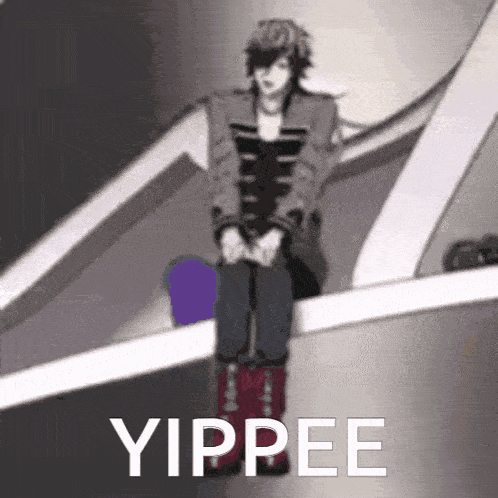 a person is sitting on a railing with the word yippee written on the bottom .