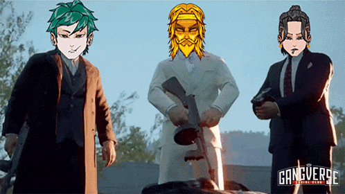 three cartoon characters standing next to each other with the words gangverse on the bottom right