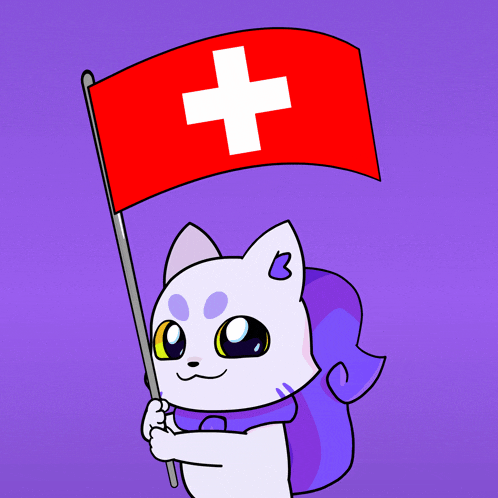 a cartoon cat is holding a swiss flag