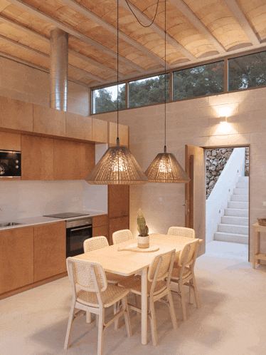 a kitchen with a table and chairs and a potted plant on it