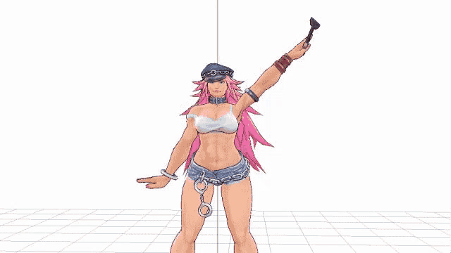 a 3d model of a woman with pink hair and chains around her waist is dancing .