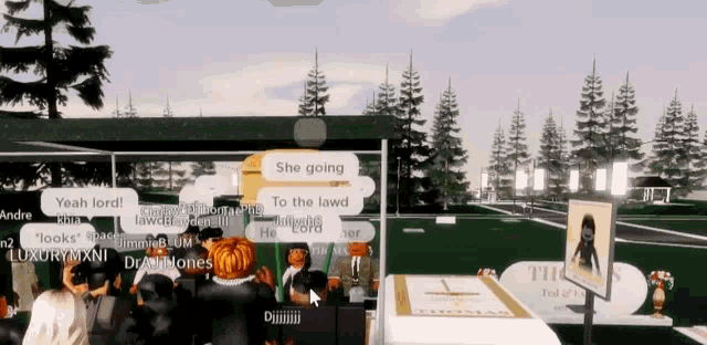 a group of people are gathered in a cemetery and one of them is saying she going to the lawd