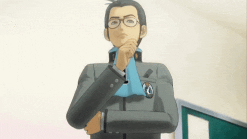 a man with glasses and a blue scarf has a badge on his jacket that says r