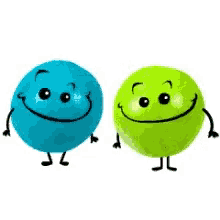 a blue ball and a green ball are smiling and giving each other a high five .