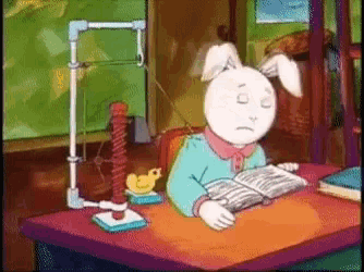 a cartoon of a bunny reading a book with a sad face