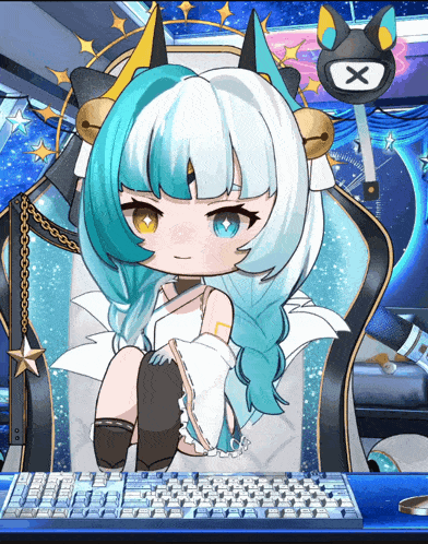 a girl with blue and white hair is sitting in front of a keyboard with an x on it