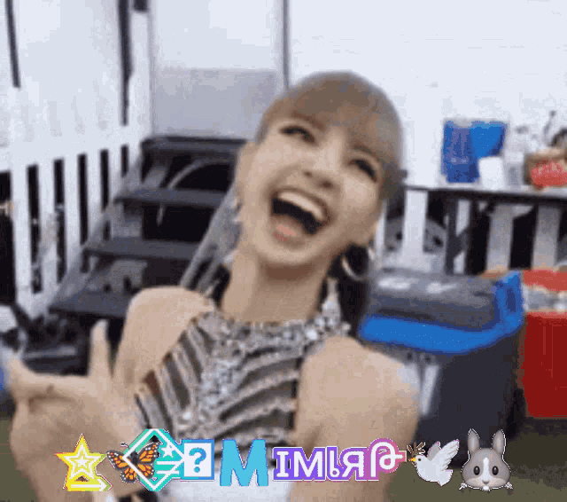 a woman is laughing with a sticker that says " 2m " on it