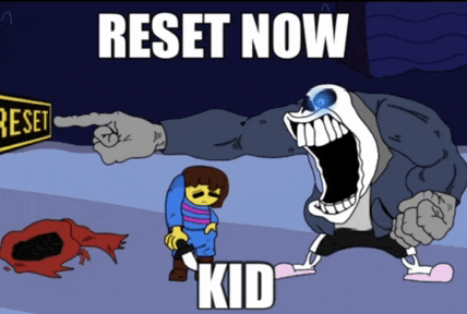 a cartoon character pointing at a sign that says reset now kid
