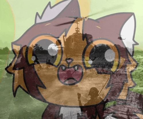 a cartoon of a cat with a helicopter in the background