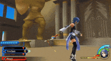 a screenshot of a video game shows a girl holding a sword in front of a statue