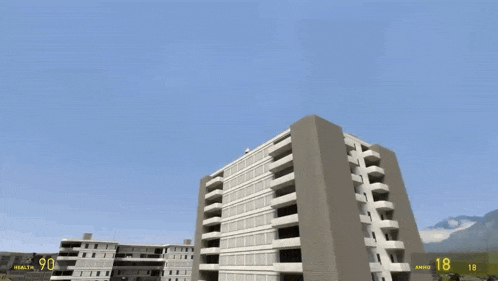 a video game screen shows a building with a score of 18
