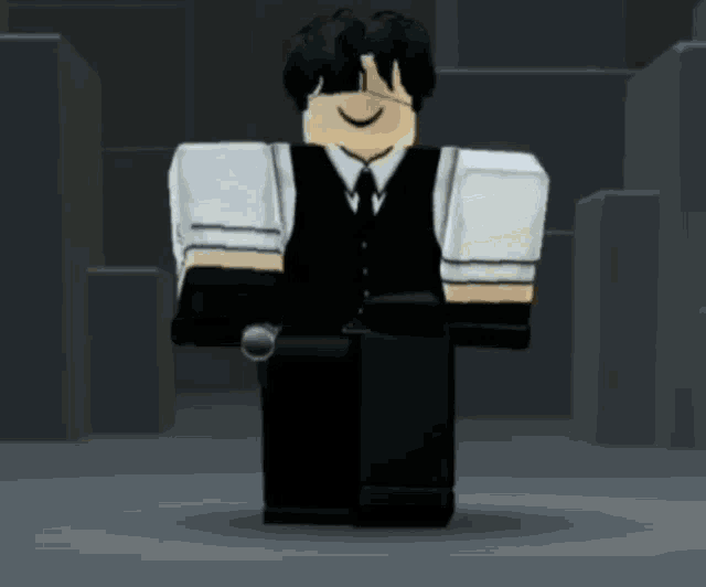a roblox character wearing a black vest and tie