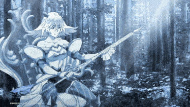 a drawing of a girl holding a sword in a forest