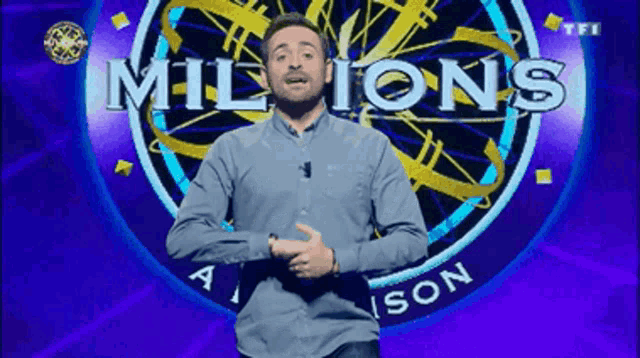 a man is standing in front of a sign that says " millions "