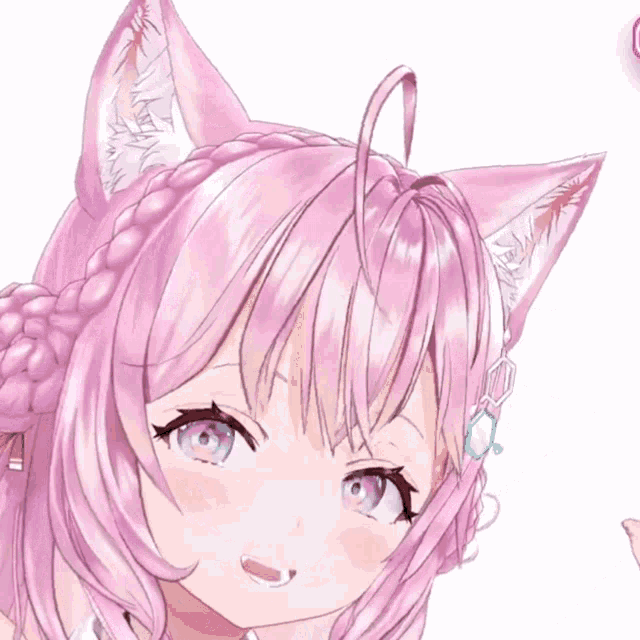 a close up of a girl with pink hair