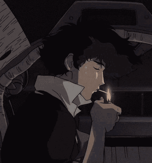 cowboy bebop character smoking a cigarette in a car