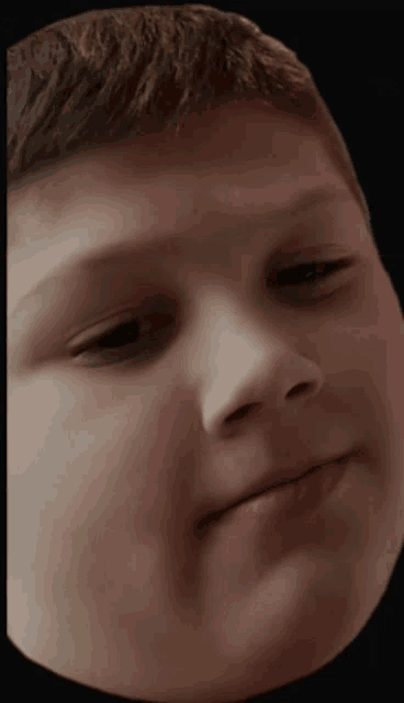 a close up of a young boy 's face with a slight smile on his face