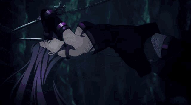 a person with purple hair is holding a sword with the letter g on it