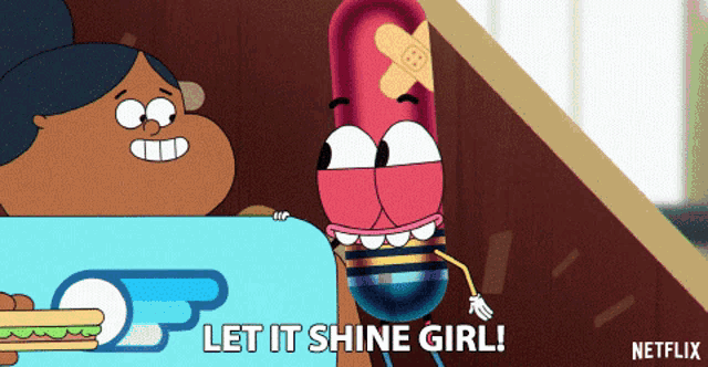 a cartoon character says let it shine girl in a netflix ad