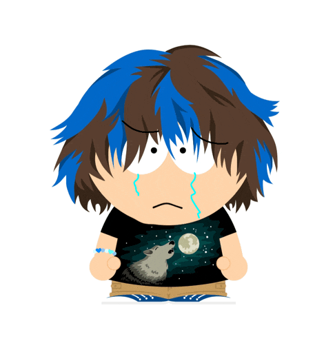 a cartoon character with blue hair is crying while wearing a shirt with a wolf on it
