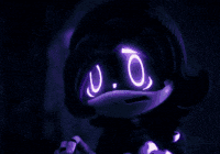 a cartoon character with glowing eyes and a purple mask on