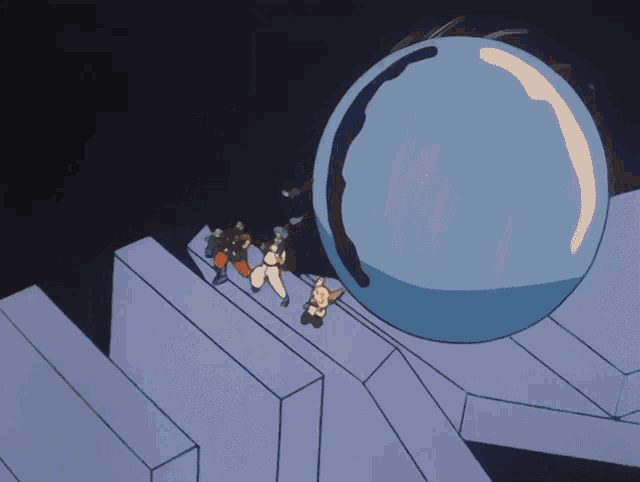 a cartoon drawing of a group of people standing in front of a blue circle