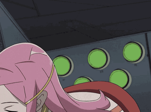 a cartoon girl with pink hair is laying down