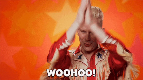 a man in a cowboy outfit is giving a high five with the words woohoo below him