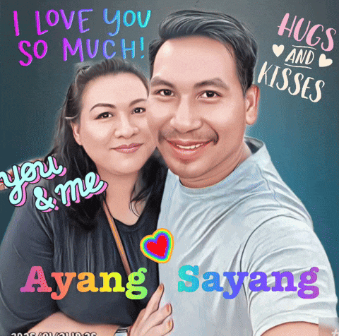 a picture of a man and a woman with the words " hugs and kisses "