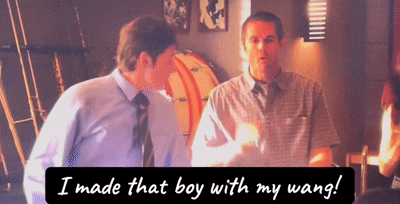 two men standing next to each other with the words i made that boy with my wang