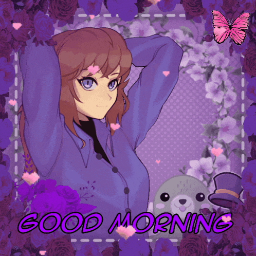 a good morning greeting card with a girl and flowers
