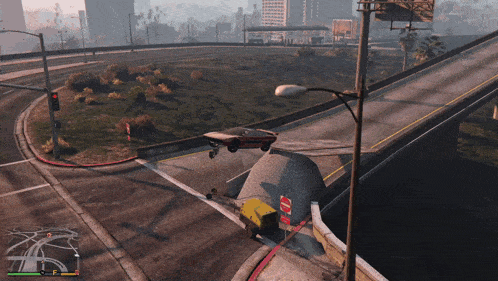 a video game shows a car flying through the air near a do not enter sign