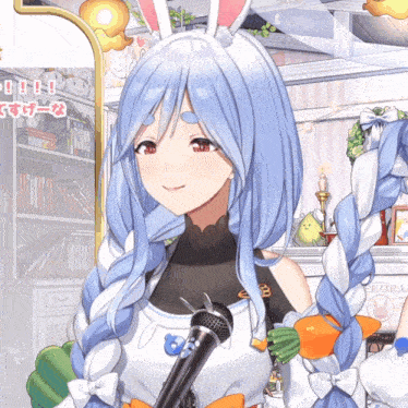 a girl with long blue hair is holding a microphone in front of a sign that says kora