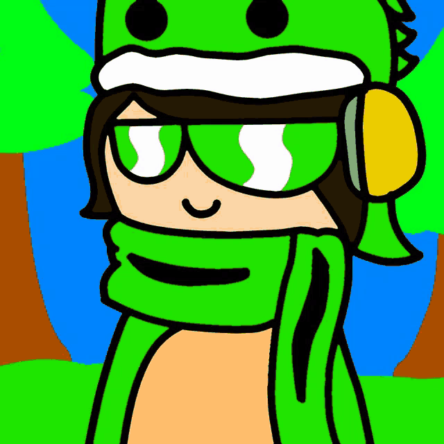 a cartoon drawing of a person wearing a green hat and scarf