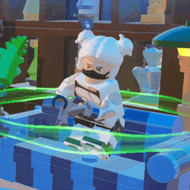 a lego character wearing a mask is standing in a pool