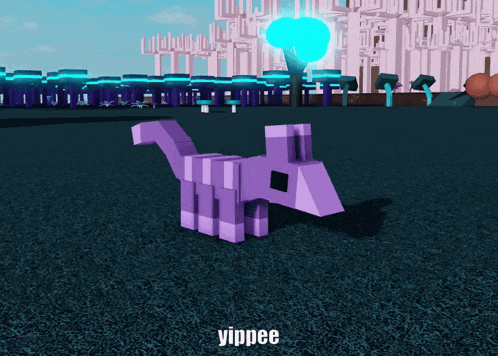 a purple dinosaur in a video game with the name yippee