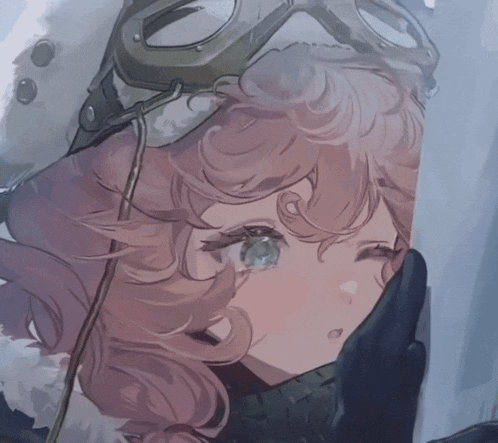 a drawing of a girl with pink hair wearing goggles and gloves