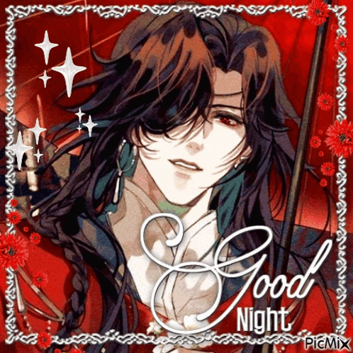 a picture of a man with long hair is surrounded by red flowers and the words good night