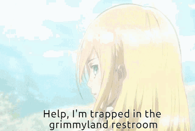 a picture of a girl with blue eyes and the words help i 'm trapped in the grimmyland restroom