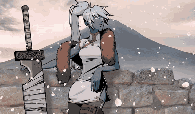 a drawing of a woman holding a sword with a mountain in the background