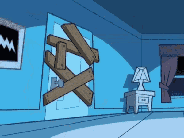 a cartoon drawing of a room with a lamp and a wooden door