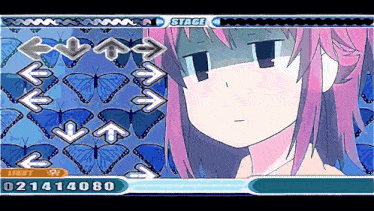 a video game screen shows a girl with pink hair and a blue background of butterflies and arrows