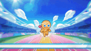 a gingerbread cookie is running on a track in a stadium