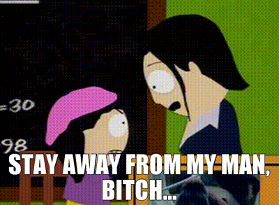a cartoon of a woman talking to a girl with the words stay away from my man bitch