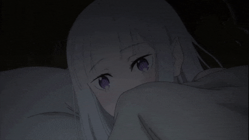 a girl with white hair and purple eyes is laying in bed