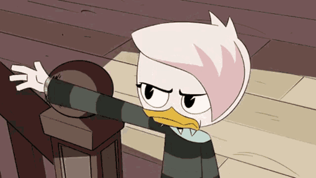 a cartoon character with a yellow beak is standing on a wooden staircase