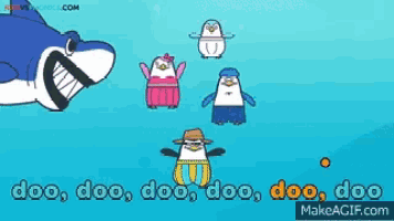 a shark is surrounded by penguins and says doo doo doo doo doo doo