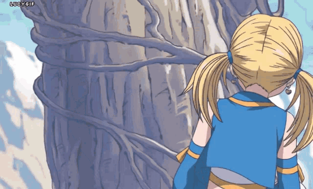 a cartoon of a girl standing next to a tree with lucy gif written below her