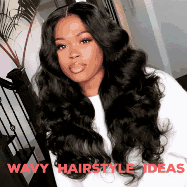 a woman with long wavy hair is wearing a white shirt with the words wavy hairstyle ideas above her